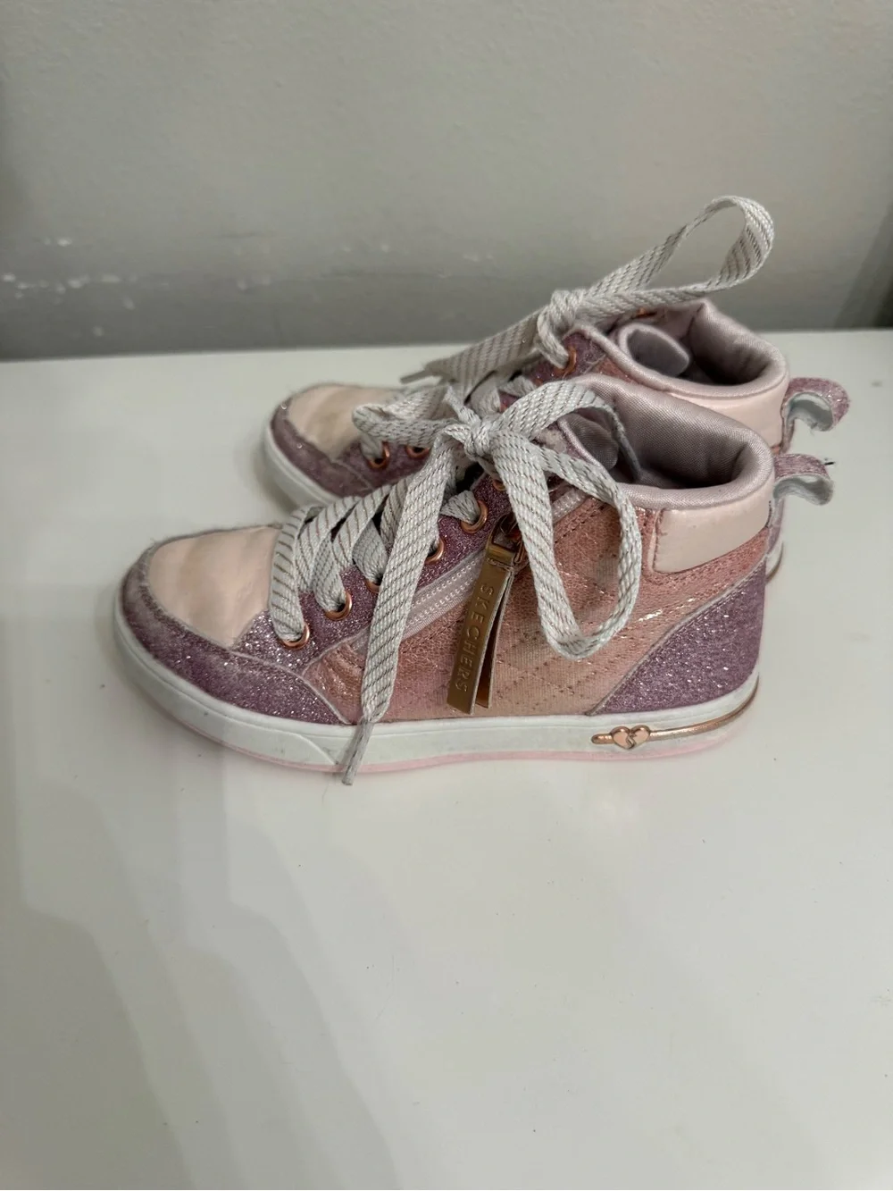 Skechers Twinkle Toes Pink Glitter High Top Sneakers Girls Size 12 Side Zip